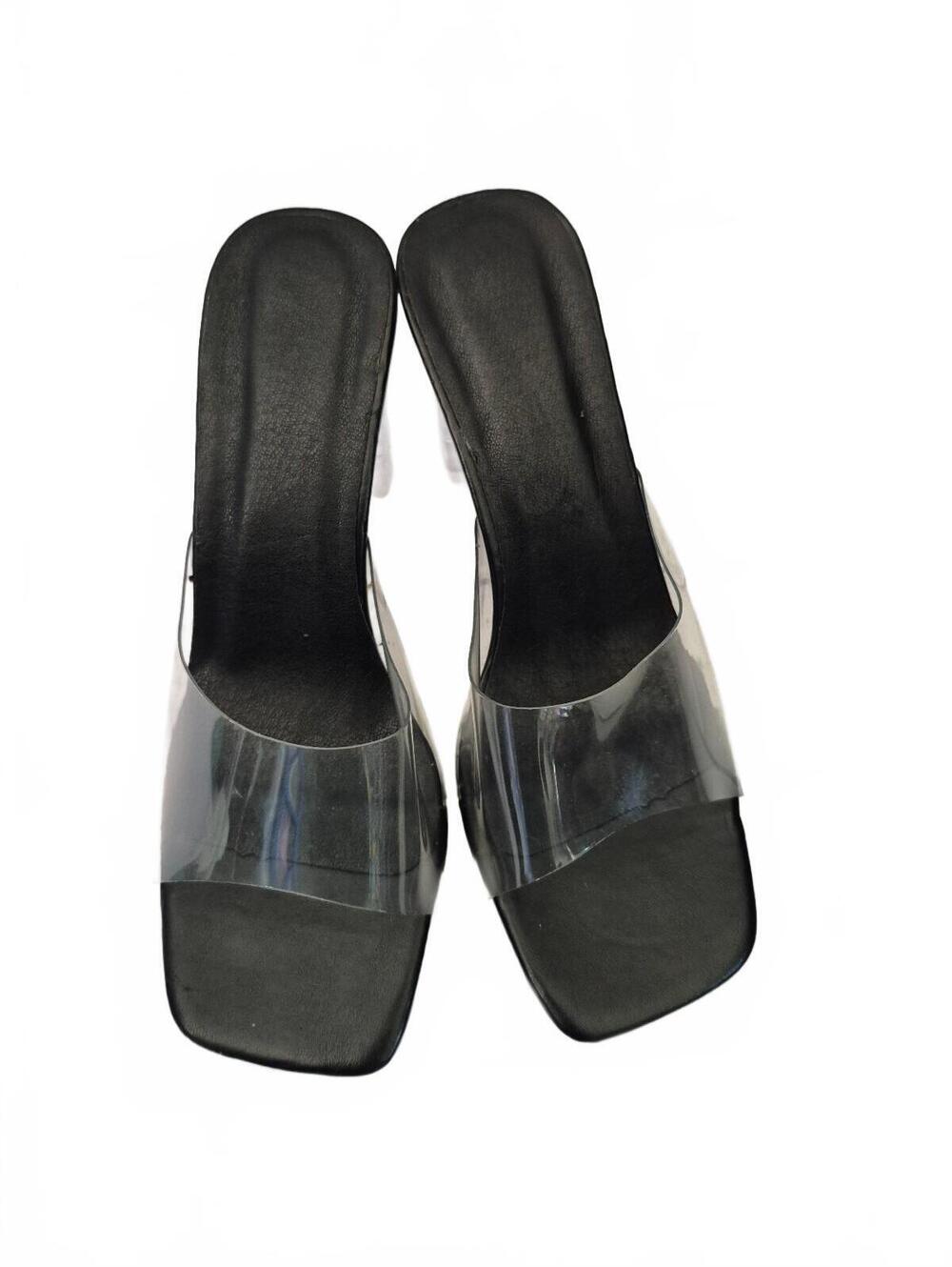 Women’s Black Clear Pvc Lucite Block Heel Mule Sandals Size 38